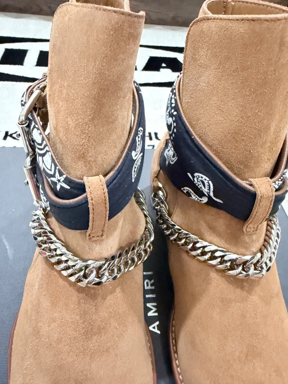 AMIRI Embellished Chain Bandana Buckle Strap Suede Jodhpur Boots - Tan